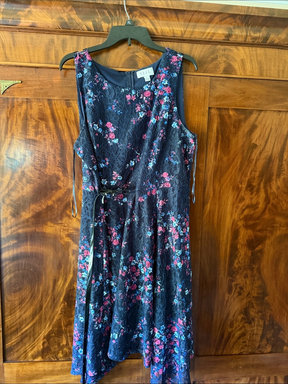 Elle Navy Floral Lace Midi Dress with Pink & Light Blue Accents